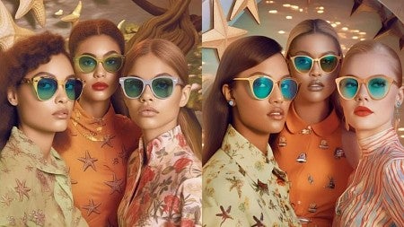 AI-generated advertising image with six racially diverse, female models wearing sunglasses.