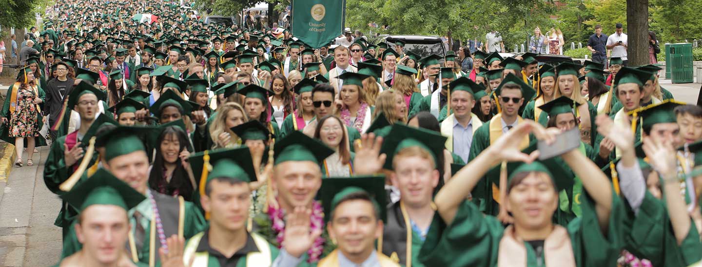 Students marching toward commencement during Duck Walk 2017 Students marching toward commencement during Duck Walk 2017