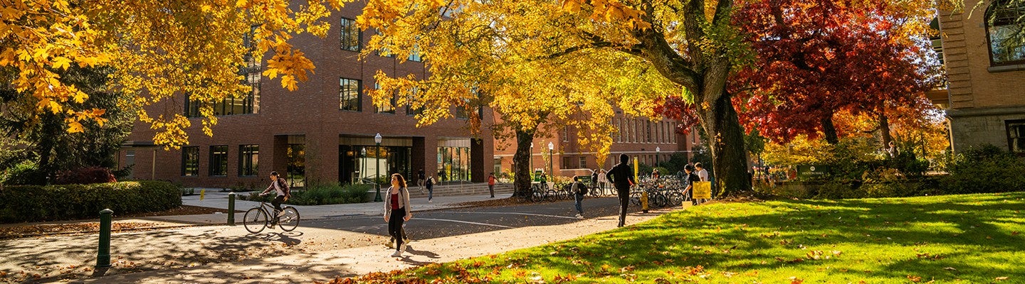 People under trees with fall foliage