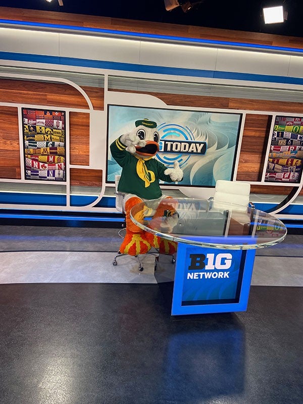 The Oregon Duck on stage in the Big Ten Network studio