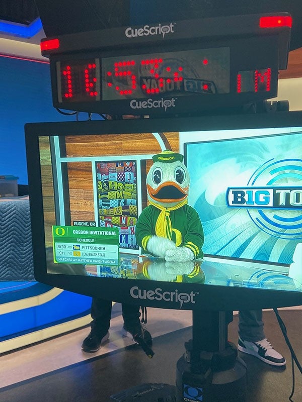 The Oregon Duck on a video monitor at the Big Ten Network