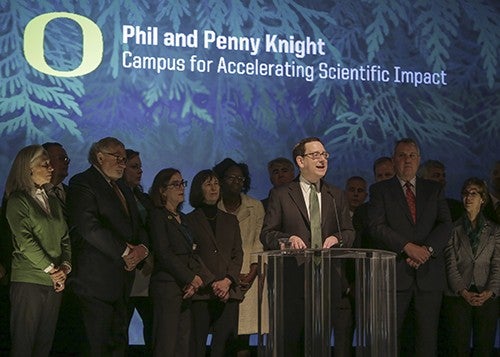 President Michael H. Schill at the announcement of the Phil and Penny Knight Campus for Accelerating Scientific Impact