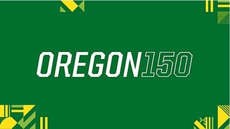 Oregon150 text logo on green background with yellow abstract patterns