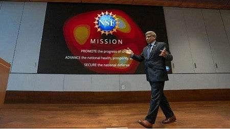 NSF U.S. director Sethuraman Panchanathan walking onstage at his UO talk