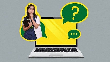 Photo illustration with laptop computer, question mark inside dialogue balloon, and thoughtful female student holding books and papers